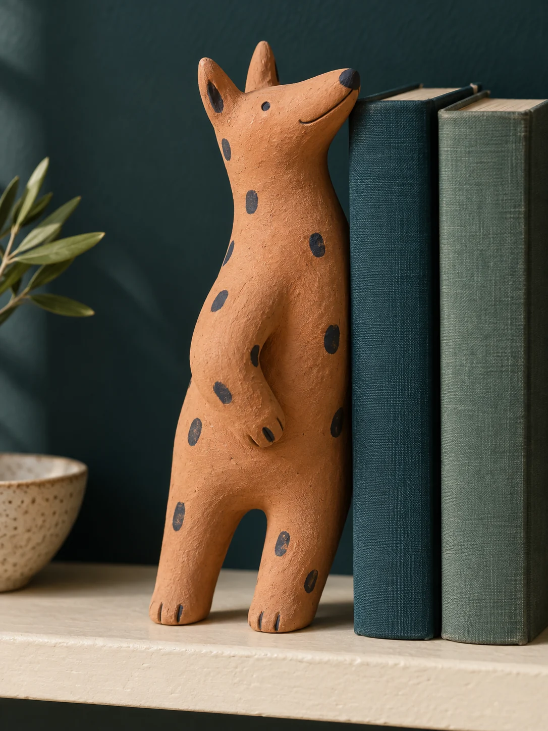 Una figura artesanal de terracota junto a dos libros.