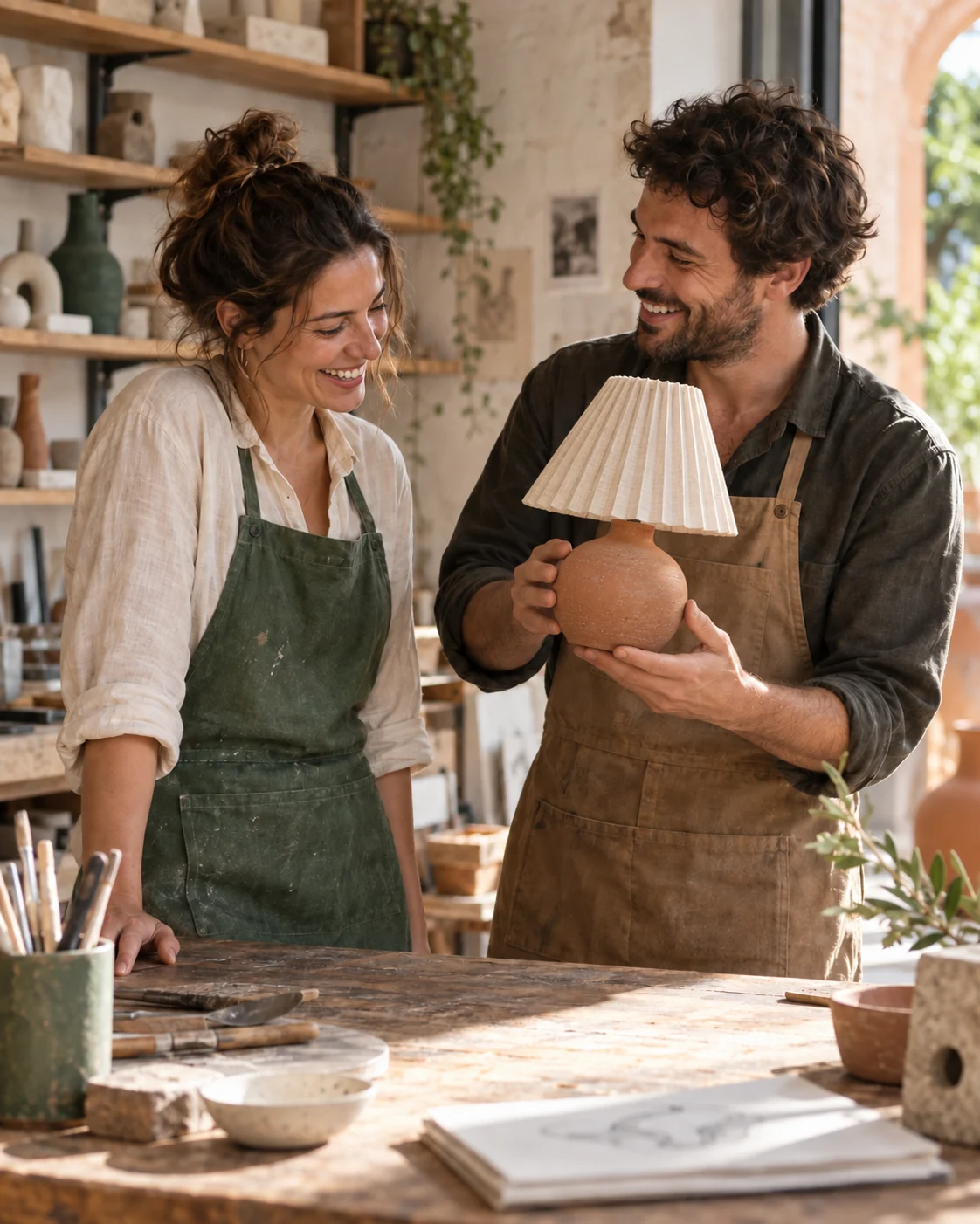 Dos artesanos presentan uno de sus productos en el taller.