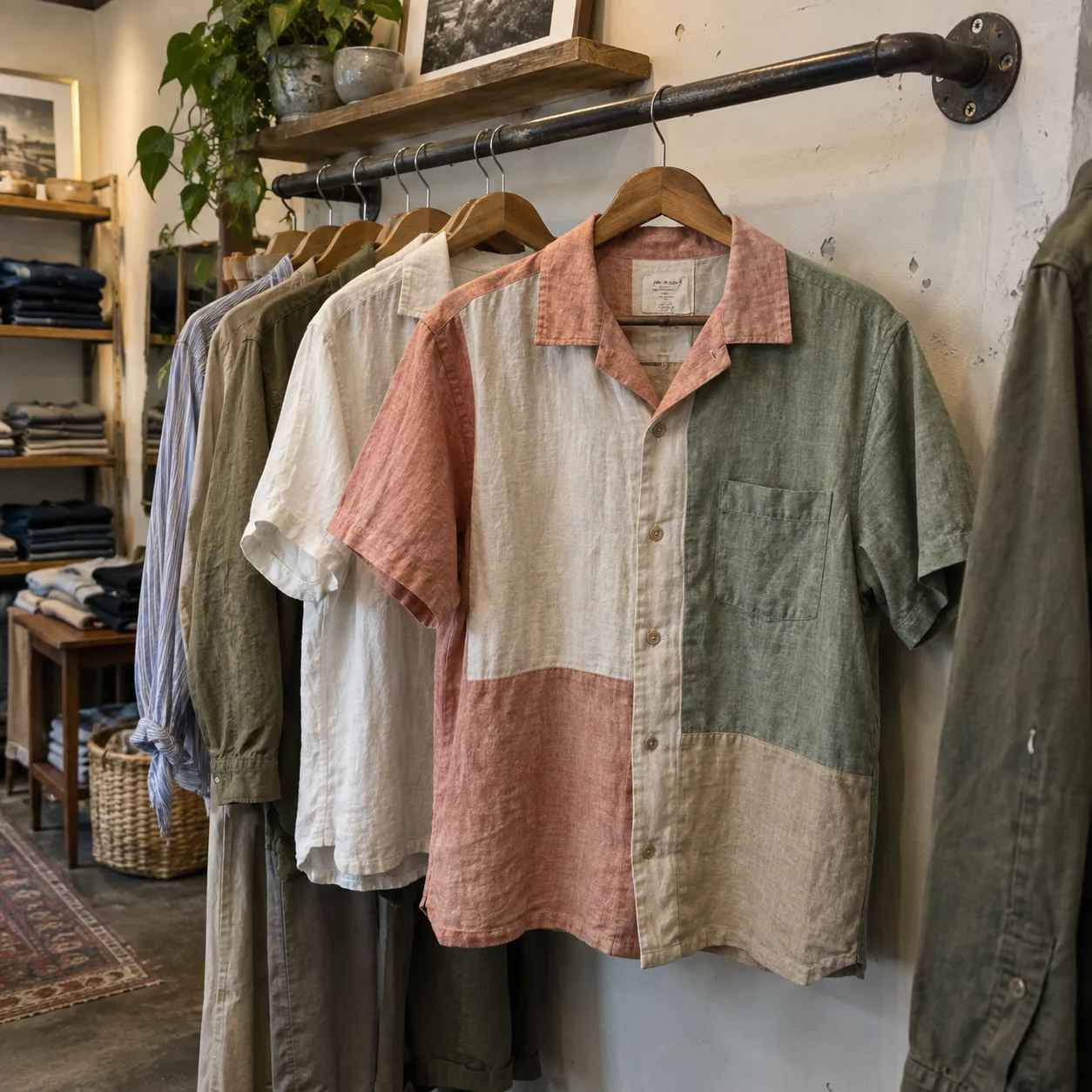 Una camisa de lino de colores cuelga entre otras prendas en una tienda.