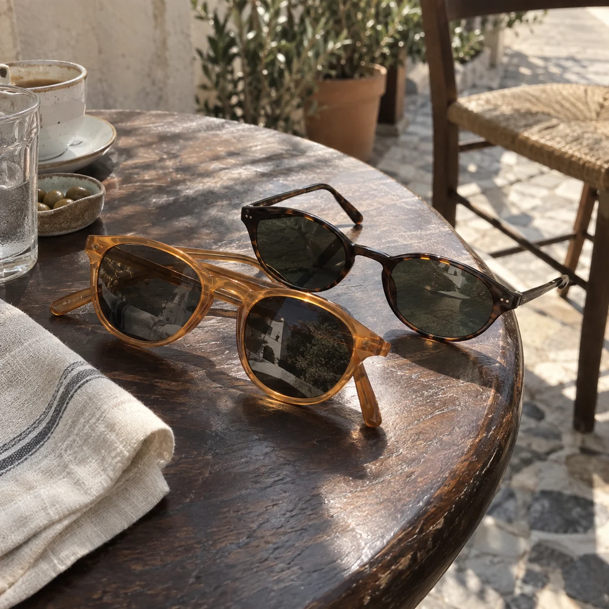 Dos pares de gafas de sol descansan sobre la mesa de una terraza.